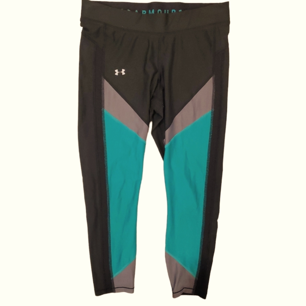 Under Armour Women's Black Green Panel‎ Heatgear Workout Leggings Large